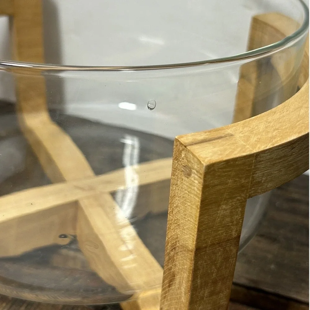 Glass Serving Bowl Sculptural Light Wood Cross Base Stand Centerpiece Modern